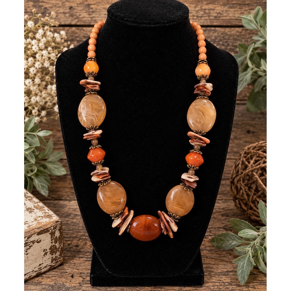 You & I (Yousi) 20" Orange Brown Beaded Statement Necklace Boho Chunky
